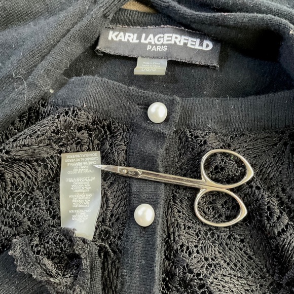 Karl Lagerfeld Cardigan Sweater Lace Front Pearl Buttons Black (L) - Picture 5 of 8